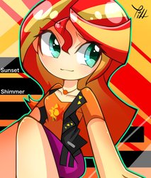 Size: 1516x1782 | Tagged: safe, artist:yuyutsuka_0130, sunset shimmer, human, equestria girls, g4, my little pony equestria girls: better together, clothes, cute, female, jacket, leather, leather jacket, moe, shimmerbetes, shirt, skirt, solo