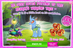 Size: 1034x686 | Tagged: safe, gameloft, carapace (g4), changedling, changeling, g4, the hearth's warming club, advertisement, coin, costs real money, crack is cheaper, firefly lamp, introduction card, lantern, lucky coin, sale