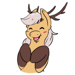 Size: 512x512 | Tagged: source needed, safe, alternate version, artist:wishwasher, oc, oc only, oc:antler pone, original species, pony, antlers, chest fluff, clothes, cute, eyes closed, female, happy, simple background, smiling, socks, solo, transparent background