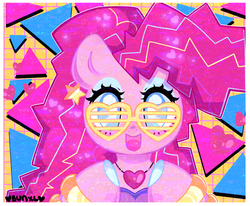 Size: 3597x2957 | Tagged: safe, artist:bunxl, pinkie pie, earth pony, pony, g4, 80's fashion, female, heart, high res, mare, open mouth, shutter shades, solo, starry eyes, stars, sunglasses, triangle, wingding eyes