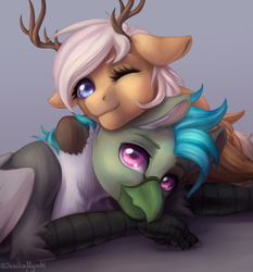 Size: 1008x1080 | Tagged: safe, artist:jessicanyuchi, oc, oc only, oc:antler pone, oc:fluffy (the griffon), griffon, pony, antlers, chest fluff, looking at you, lying down, neck fluff, wings