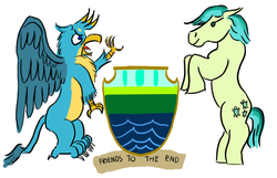 Size: 1400x900 | Tagged: safe, artist:horsesplease, gallus, sandbar, earth pony, griffon, pony, g4, coat of arms, emblem, friendship, heraldry, male, paint tool sai, rearing, simple background, stallion, supporters, white background