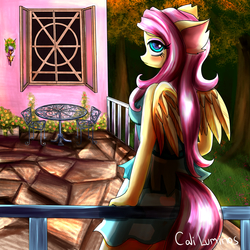Size: 4096x4096 | Tagged: safe, artist:cali luminos, fluttershy, pegasus, anthro, g4, absurd resolution, beautiful, blushing, chair, clothes, cute, female, flower, garden, grass, looking at you, looking back, looking back at you, shyabetes, signature, solo, table, tree