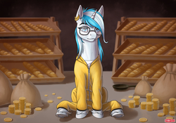 Size: 1920x1344 | Tagged: safe, artist:wwredgrave, oc, oc only, oc:snowflake, pony, unicorn, bits, bread, breaking bad, clothes, crossover, female, food, mare, money, parody, smiling, solo