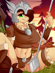 Size: 1500x2000 | Tagged: safe, artist:amberpendant, steela oresdotter, earth pony, anthro, g4, abs, belly button, dawn, female, forest, hair, helmet, looking at you, midriff, scar, solo, spear, tail, weapon
