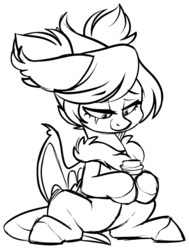 Size: 1024x1355 | Tagged: safe, artist:kellythedrawinguni, oc, oc only, bat pony, pony, coffee cup, cup, female, mare, monochrome, simple background, sitting, solo, transparent background
