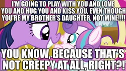 Size: 1280x720 | Tagged: safe, edit, edited screencap, screencap, princess flurry heart, twilight sparkle, alicorn, pony, a flurry of emotions, g4, caption, excessive exclamation marks, image macro, op is wrong, smiling, text, twilight sparkle (alicorn)