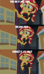 Size: 1623x2731 | Tagged: safe, edit, edited screencap, screencap, sunset shimmer, equestria girls, g4, my little pony equestria girls: better together, opening night, opening night: twilight sparkle, caption, curtains, geode of empathy, headset, image macro, impact font, magical geodes, pointing, pointing at self, step by step, text
