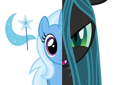 Size: 1083x738 | Tagged: artist needed, source needed, safe, queen chrysalis, trixie, changeling, changeling queen, pony, unicorn, two sided posters, g4, cutie mark, digital art, duo, evil grin, fangs, female, grin, kathleen barr, lidded eyes, looking at you, mare, open mouth, simple background, slit pupils, smiling, teeth, trixie's cutie mark, voice actor joke, white background