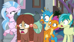 Size: 720x406 | Tagged: safe, screencap, gallus, ocellus, rarity, sandbar, silverstream, smolder, yona, classical hippogriff, dragon, earth pony, griffon, hippogriff, pony, yak, g4, school daze, animated, blinking, d:, gif, hallway, looking at someone, looking at something, loop, offscreen character, open mouth, school of friendship, shocked, shocked expression, shrunken pupils, stairs, surprised