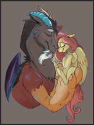 Size: 902x1200 | Tagged: safe, artist:pixiefyre, discord, fluttershy, draconequus, pegasus, pony, g4, cute, discute, eyes closed, female, floppy ears, gray background, heart, holding a pony, hooves to the chest, male, mare, profile, ship:discoshy, shipping, shyabetes, simple background, smiling, straight