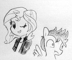 Size: 1325x1110 | Tagged: safe, artist:tjpones, flash sentry, sunset shimmer, pegasus, pony, equestria girls, g4, awkward, cute, female, flirting, frown, grayscale, homesick shimmer, male, monochrome, one eye closed, open mouth, scrunchy face, ship:flashimmer, shipping, simple background, smiling, spread wings, stallion, straight, traditional art, wide eyes, wingboner, wings, wink