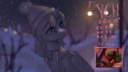 Size: 1920x1080 | Tagged: safe, artist:vincher, pony, clothes, evening, hat, scarf, snow, snowfall, winter, your character here