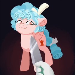 Size: 1250x1250 | Tagged: safe, artist:fannytastical, chancellor neighsay, cozy glow, pegasus, pony, g4, :3, cozybuse, knife, knife cat, meme, parody, ponified animal photo, ponified meme, smug