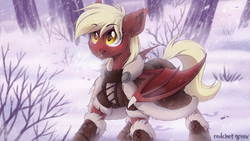 Size: 1920x1080 | Tagged: safe, artist:redchetgreen, oc, oc only, oc:picture perfect, bat pony, pony, bat pony oc, clothes, coat, cute, cute little fangs, fangs, female, mare, snow, solo, tree, winter