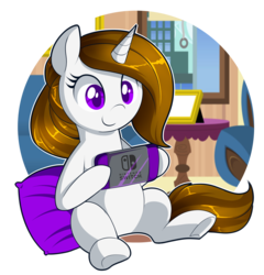 Size: 1784x1861 | Tagged: safe, artist:xwhitedreamsx, oc, oc only, pony, unicorn, female, mare, nintendo switch, pillow, simple background, smiling, solo, transparent background