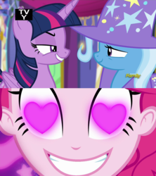 Size: 1912x2152 | Tagged: safe, edit, pinkie pie, trixie, twilight sparkle, alicorn, pony, unicorn, coinky-dink world, equestria girls, g4, my little pony equestria girls: summertime shorts, no second prances, female, heart eyes, lesbian, meme, now kiss, pinkie's eyes, ship:twixie, shipper on deck, shipping, tv rating, tv-y, twilight sparkle (alicorn), wingding eyes