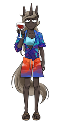 Size: 527x1018 | Tagged: safe, artist:redxbacon, oc, oc only, oc:parch well, unicorn, anthro, anthro oc, clothes, drink, female, glass, hawaiian shirt, sandals, shirt, shorts, simple background, smiling, solo, white background