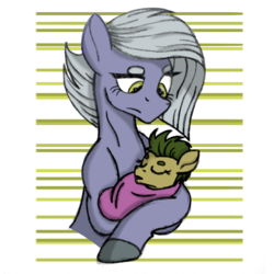 Size: 2500x2500 | Tagged: safe, artist:thr3eguess3s, limestone pie, oc, oc:apple core, pony, g4, abstract background, baby, baby pony, female, high res, holding a pony, lidded eyes, mother and daughter, offspring, parent:big macintosh, parent:limestone pie, parents:limemac