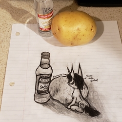 Size: 3024x3024 | Tagged: safe, artist:antique1899, oc, oc only, oc:ragtime melody, pony, unicorn, alcohol, belarusian, cursive writing, food, high res, irl, lined paper, looking at something, male, monochrome, pencil drawing, photo, potato, reference, sideburns, sitting, solo, stallion, tiny, tiny ponies, traditional art, vodka