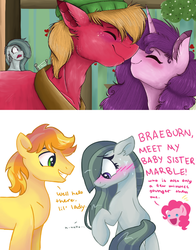 Size: 1023x1305 | Tagged: safe, artist:dreamscapevalley edits, artist:feathershine1, edit, big macintosh, braeburn, marble pie, pinkie pie, sugar belle, earth pony, pony, unicorn, best gift ever, g4, aftermath, blushing, braeble, cute, episode followup, episode idea, everything went better than expected, female, good end, heartbroken marble, introduction, male, nuzzling, overused joke, overused meme, ship sinking, ship:sugarmac, shipper on deck, shipper pie, shipping, shipping denied, shipping fuel, shy, smiling, sometime later..., speculation, stallion, straight
