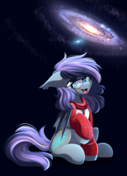 Size: 2401x3333 | Tagged: safe, artist:airiniblock, oc, oc only, oc:andromeda galaktika, bat pony, pony, rcf community, andromeda galaxy, bat pony oc, clothes, cute, ear fluff, ear tufts, female, floppy ears, galaxy, glasses, high res, hoodie, looking up, mare, ocbetes, open mouth, raised hoof, sitting, smiling, solo, space, sweater