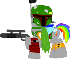 Size: 977x817 | Tagged: safe, artist:ejlightning007arts, rainbow dash, pegasus, pony, g4, armor, blaster, boba fett, cape, clothes, crossover, cutie mark on clothes, energy weapon, gun, jetpack, simple background, star wars, transparent background, vector, weapon