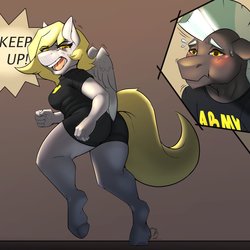 Size: 4000x4000 | Tagged: safe, artist:sintacle, derpy hooves, thunderlane, anthro, unguligrade anthro, g4, angry, blushing, duo, female, male, scrunchy face, shout, training, us army, workout