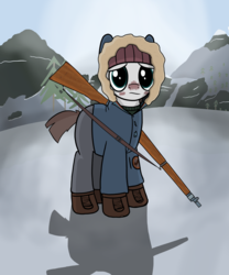 Size: 5000x6000 | Tagged: safe, artist:czu, pony, absurd resolution, clothes, gun, looking at you, ponified, snow, the long dark, weapon