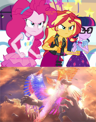 Size: 1660x2114 | Tagged: safe, artist:fazbearsparkle, edit, pinkie pie, sci-twi, sunset shimmer, twilight sparkle, equestria girls, equestria girls series, g4, rollercoaster of friendship, angry, comparison, crossover, galeem, geode of empathy, geode of sugar bombs, geode of telekinesis, magical geodes, master hand, nintendo, super smash bros., super smash bros. ultimate, this will end in death, world of light