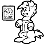 Size: 158x150 | Tagged: safe, artist:crazyperson, pony, unicorn, fallout equestria, fallout equestria: commonwealth, black and white, clothes, fanfic art, generic pony, grayscale, jumpsuit, male, monochrome, picture for breezies, simple background, sitting, solo, stallion, transparent background, vault suit