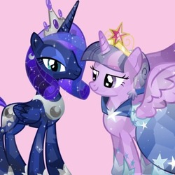 Size: 400x400 | Tagged: safe, edit, princess luna, twilight sparkle, alicorn, crystal pony, pony, g4, alternate hairstyle, big crown thingy, crystallized, female, jewelry, lesbian, regalia, ship:twiluna, shipping, twilight sparkle (alicorn)