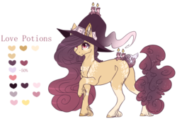 Size: 1044x701 | Tagged: safe, artist:luuny-luna, oc, oc only, oc:love potions, original species, scented pony, augmented tail, female, hat, reference sheet, simple background, solo, transparent background, unshorn fetlocks, witch hat