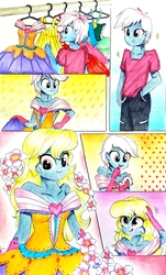 Size: 1139x1885 | Tagged: safe, artist:liaaqila, oc, oc:azure/sapphire, equestria girls, g4, clothes, comic, crossdressing, dress, dressing, femboy, makeover, male, traditional art, zipper, zipper dress