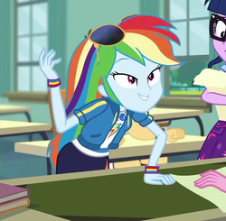 Size: 742x727 | Tagged: safe, screencap, rainbow dash, sci-twi, twilight sparkle, equestria girls, g4, my little pony equestria girls: better together, the last day of school, cropped, female, geode of super speed, magical geodes
