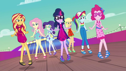 Size: 1920x1080 | Tagged: safe, screencap, applejack, fluttershy, pinkie pie, rainbow dash, rarity, sci-twi, sunset shimmer, twilight sparkle, equestria girls, g4, i'm on a yacht, my little pony equestria girls: better together, alternate hairstyle, clothes, dress, feet, female, geode of empathy, geode of fauna, geode of shielding, geode of sugar bombs, glasses, humane five, humane seven, humane six, legs, magical geodes, ponytail, sandals, skirt