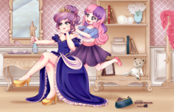 Size: 4550x2930 | Tagged: safe, artist:lucy-tan, sweetie belle, oc, oc:golden sheen, human, g4, book, bookshelf, clothes, commission, crossdressing, crossed legs, cup, cute, dress, feather boa, female, femboy, happy, high heels, humanized, jewelry, legs, makeup, male, mary janes, mirror, shoes, skirt, teacup, teddy bear, tiara, tray
