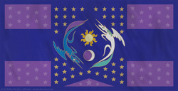 Size: 1920x981 | Tagged: safe, artist:droakir, princess celestia, princess luna, alicorn, pony, g4, female, flag, flag of equestria, horns, mare, moon, sun, wings
