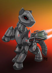 Size: 800x1120 | Tagged: safe, artist:droakir, oc, oc only, pony, fallout equestria, armor, power armor, raised hoof, solo, soul jar