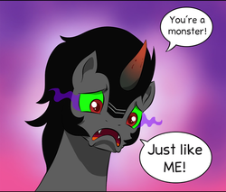 Size: 594x505 | Tagged: safe, artist:doublewbrothers, king sombra, pony, unicorn, g4, cropped, distraught, fangs, i regret everything, male, open mouth, sad, simple background, solo, speech bubble, stallion, text