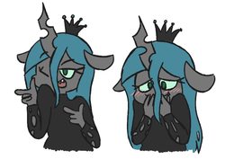 Size: 683x484 | Tagged: safe, artist:typhwosion, queen chrysalis, changeling, changeling queen, anthro, g4, adorkable, ambiguous facial structure, blushing, clothes, crown, cute, cutealis, dork, dorkalis, eye clipping through hair, female, finger gun, finger guns, floppy ears, jewelry, no pupils, one eye closed, open mouth, regalia, simple background, sweater, turtleneck, white background, wink