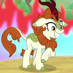 Size: 1080x1080 | Tagged: safe, screencap, autumn blaze, kirin, g4, sounds of silence, cloven hooves, colored hooves, cropped, female, fire, floppy ears, magic, raised hoof, smiling, solo, wide smile
