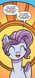 Size: 328x715 | Tagged: safe, artist:kate sherron, idw, pixie cut (g4), earth pony, pony, g4, spoiler:comic, spoiler:comic74, comic, cropped, dialogue, eyes closed, female, mare, solo