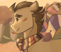 Size: 1280x1097 | Tagged: safe, artist:kimikaami, doctor whooves, time turner, earth pony, pony, g4, autumn, clothes, cute, doctorbetes, empty eyes, fourth doctor's scarf, leaf, male, scarf, solo, stallion, striped scarf
