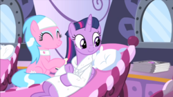 Size: 1368x769 | Tagged: safe, screencap, aloe, twilight sparkle, alicorn, pony, g4, rarity's biggest fan, spoiler:interseason shorts, alternate hairstyle, bathrobe, brush, clothes, cute, duo, female, hair styling, mane styling, mare, ponyville spa, reclining, robe, sitting, smiling, spa, twilight sparkle (alicorn)