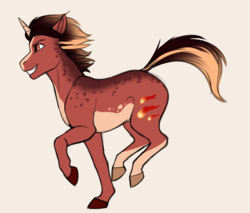 Size: 1841x1568 | Tagged: safe, artist:blackblood-queen, oc, oc only, oc:firefall, pony, unicorn, art trade, grin, male, redesign, simple background, smiling, solo, stallion, trotting