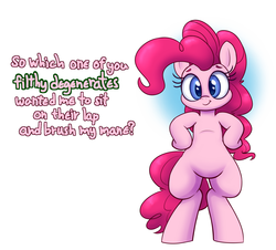 Size: 1550x1400 | Tagged: safe, artist:bellspurgebells, pinkie pie, earth pony, pony, g4, bipedal, bronybait, colored pupils, cute, diapinkes, female, hooves on hips, mare, question, smiling, solo, talking to viewer, text