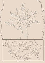 Size: 2893x4092 | Tagged: safe, artist:ideltavelocity, tree of harmony, pony, g4, the mean 6, comic, elements of harmony, log, monochrome, roots, wip