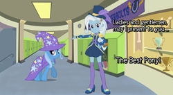 Size: 1208x662 | Tagged: safe, trixie, unicorn, equestria girls, g4, my little pony equestria girls: better together, street magic with trixie, adorasexy, barrette, beautiful, beautisexy, best pony, cape, clothes, cute, diatrixes, dressing, epaulettes, hairclip, hairpin, hat, high heels, jacket, legs, looking at you, school, sexy, shoes, smiling, socks, stockings, thigh highs, top hat, trixie's cape, trixie's hat, zettai ryouiki