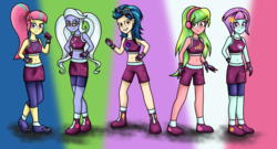 Size: 6028x3244 | Tagged: safe, artist:deannaphantom13, indigo zap, lemon zest, sour sweet, sugarcoat, sunny flare, equestria girls, g4, belly button, clothes, crossover, exeron fighters, fingerless gloves, freckles, glasses, gloves, goggles, headphones, midriff, shadow five, shorts, skirt, sports bra